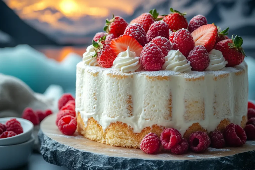 Angel food cake with fresh berries and whipped cream