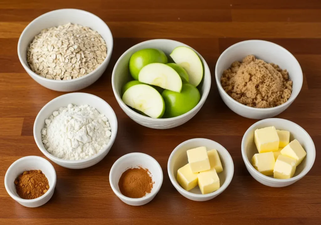 Why Is My Apple Crisp Not Crispy? 3 Flat lay of apple crisp ingredients on a wooden countertop