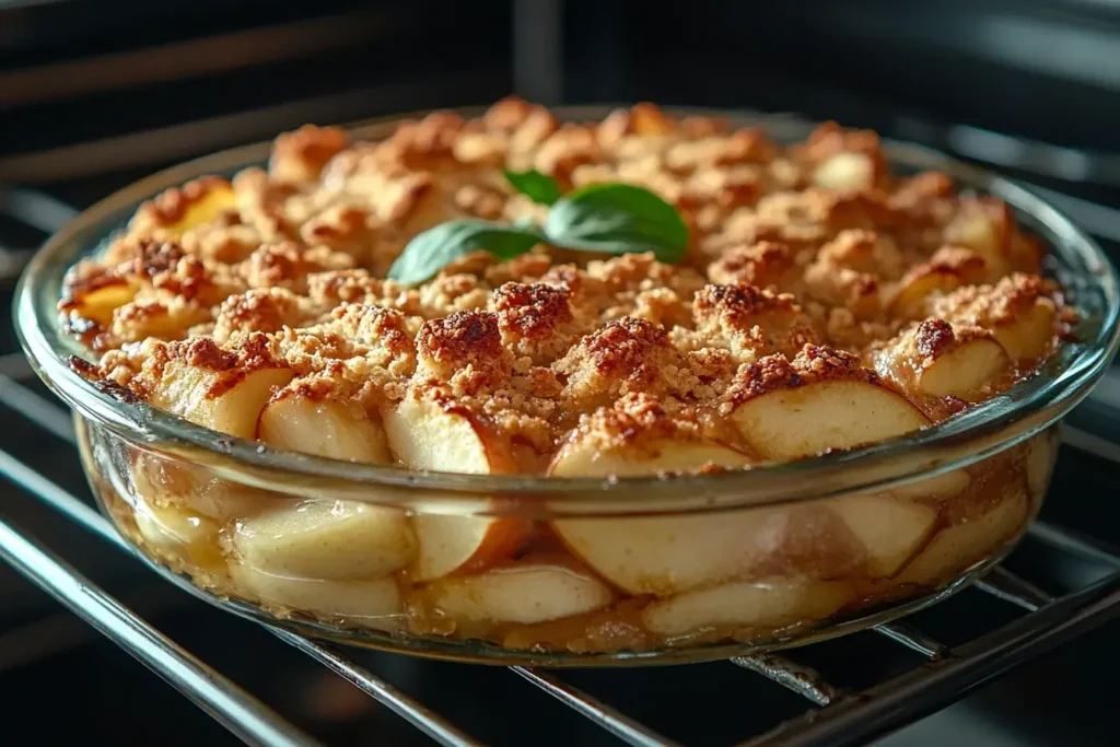 Why Is My Apple Crisp Not Crispy? 4 Apple crisp baking in the oven with golden topping