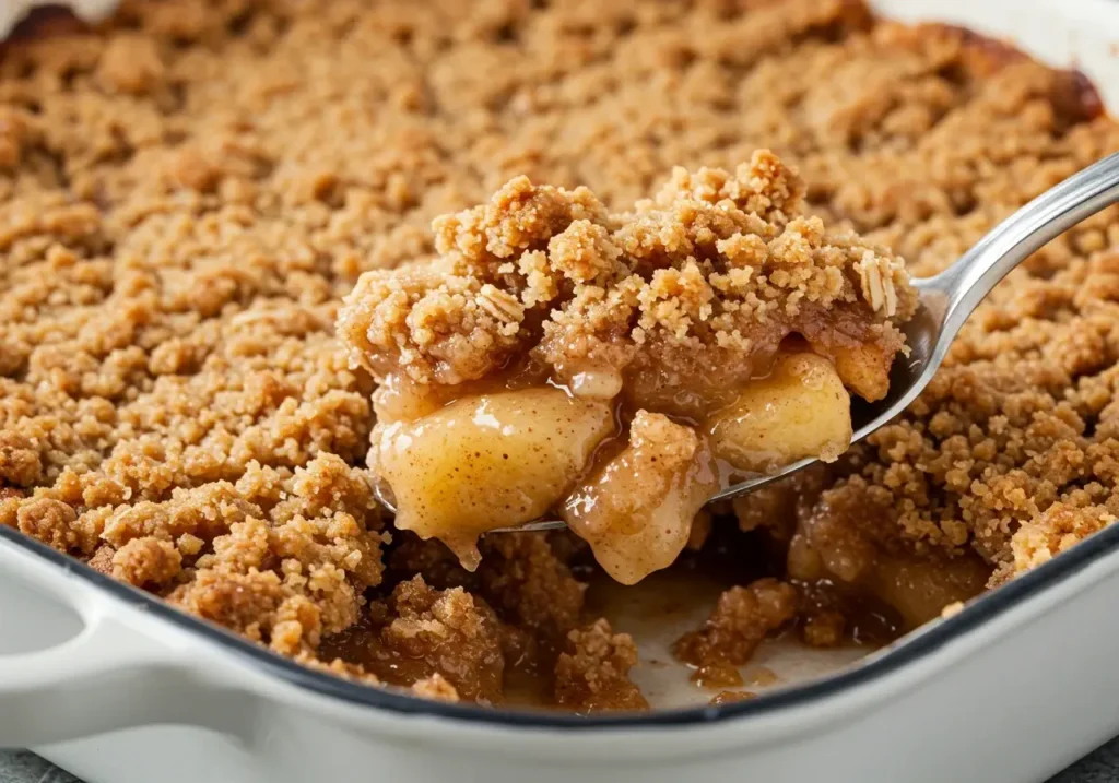 Why Is My Apple Crisp Not Crispy? 2 Close-up of crispy apple crisp topping with caramelized filling