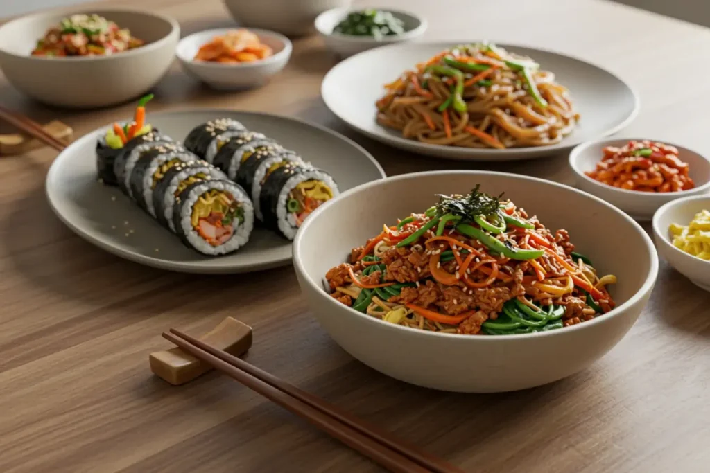 A vibrant Korean table featuring beginner-friendly dishes like bibimbap, japchae, and banchan—perfect for exploring which Korean food should a beginner eat