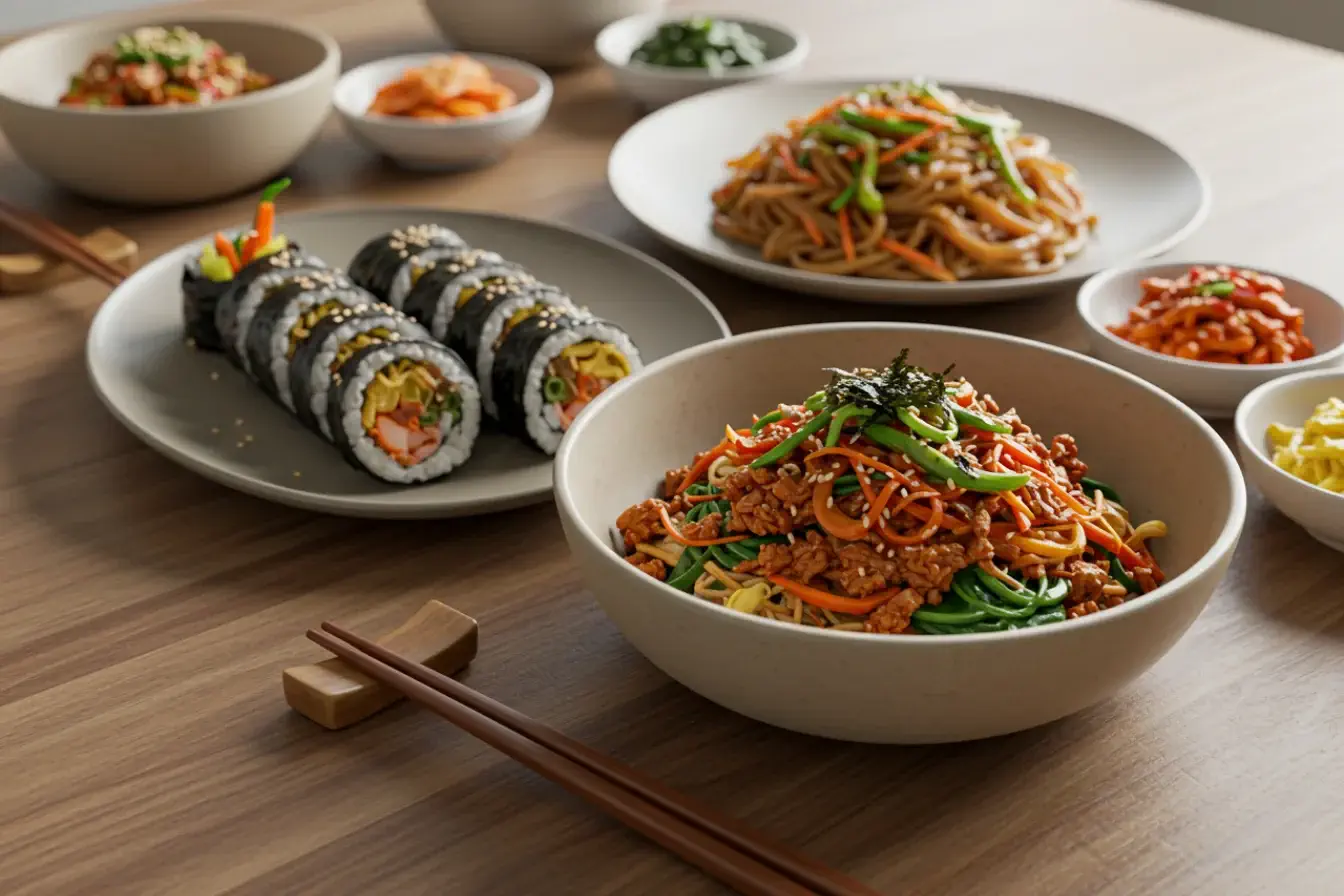 Which Korean Food Should a Beginner Eat? A Beginner's Guide to Korean Cuisine 6 A vibrant Korean table featuring beginner-friendly dishes like bibimbap, japchae, and banchan—perfect for exploring which Korean food should a beginner eat