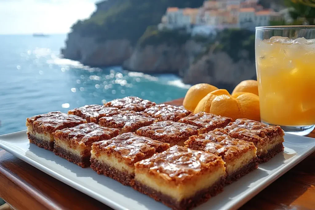 Tray of blondies and brownies in a cozy kitchen setting