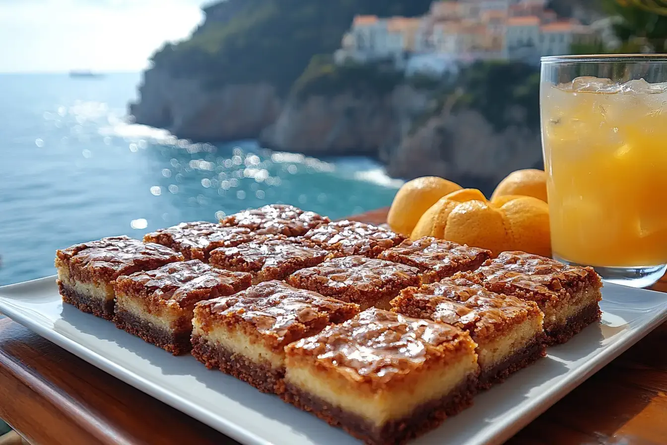 Tray of blondies and brownies in a cozy kitchen setting