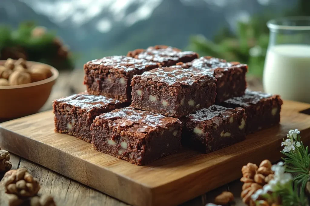 Brownies on a baking tray with a glass of milk in a cozy kitchen