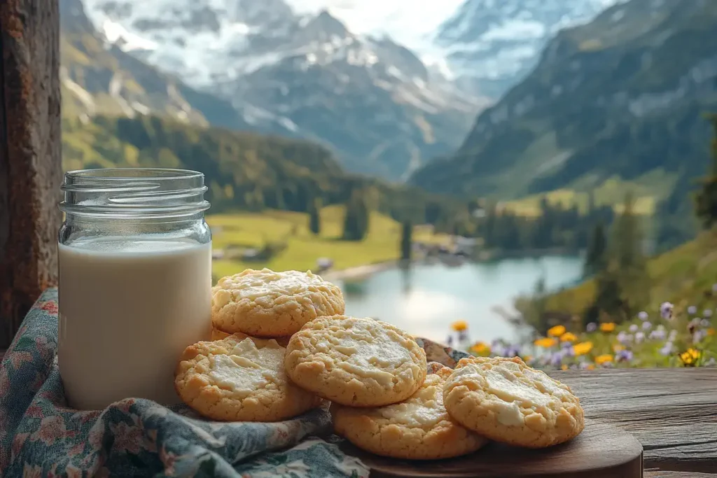 Freshly baked cheesecake cookies with milk.