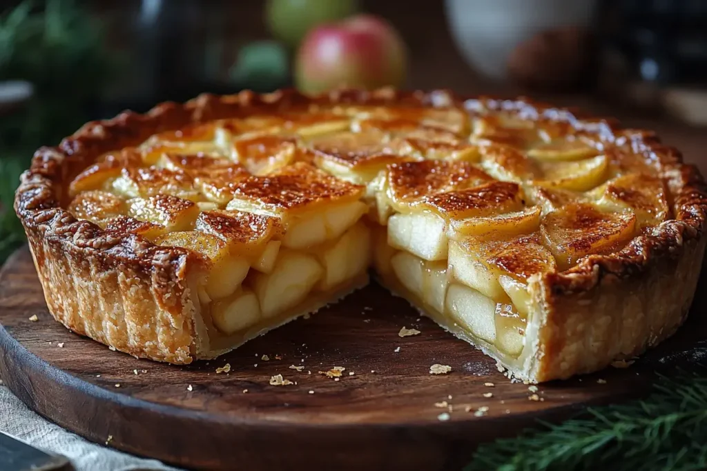 Freshly baked apple pie with a golden crust and juicy filling