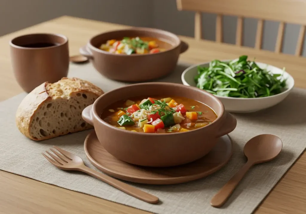 What Gives Vegetable Soup That Depth of Flavor? Expert Tips 11 A bowl of vegetable soup served with bread and salad