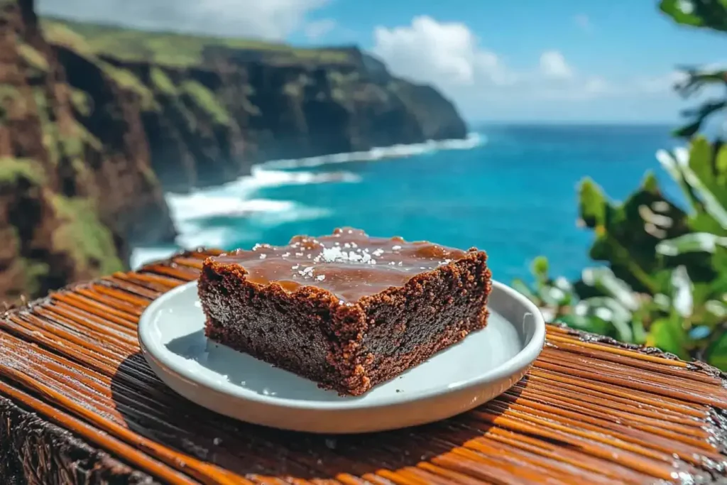 Close-up of a caramel brownie with caramel drizzle