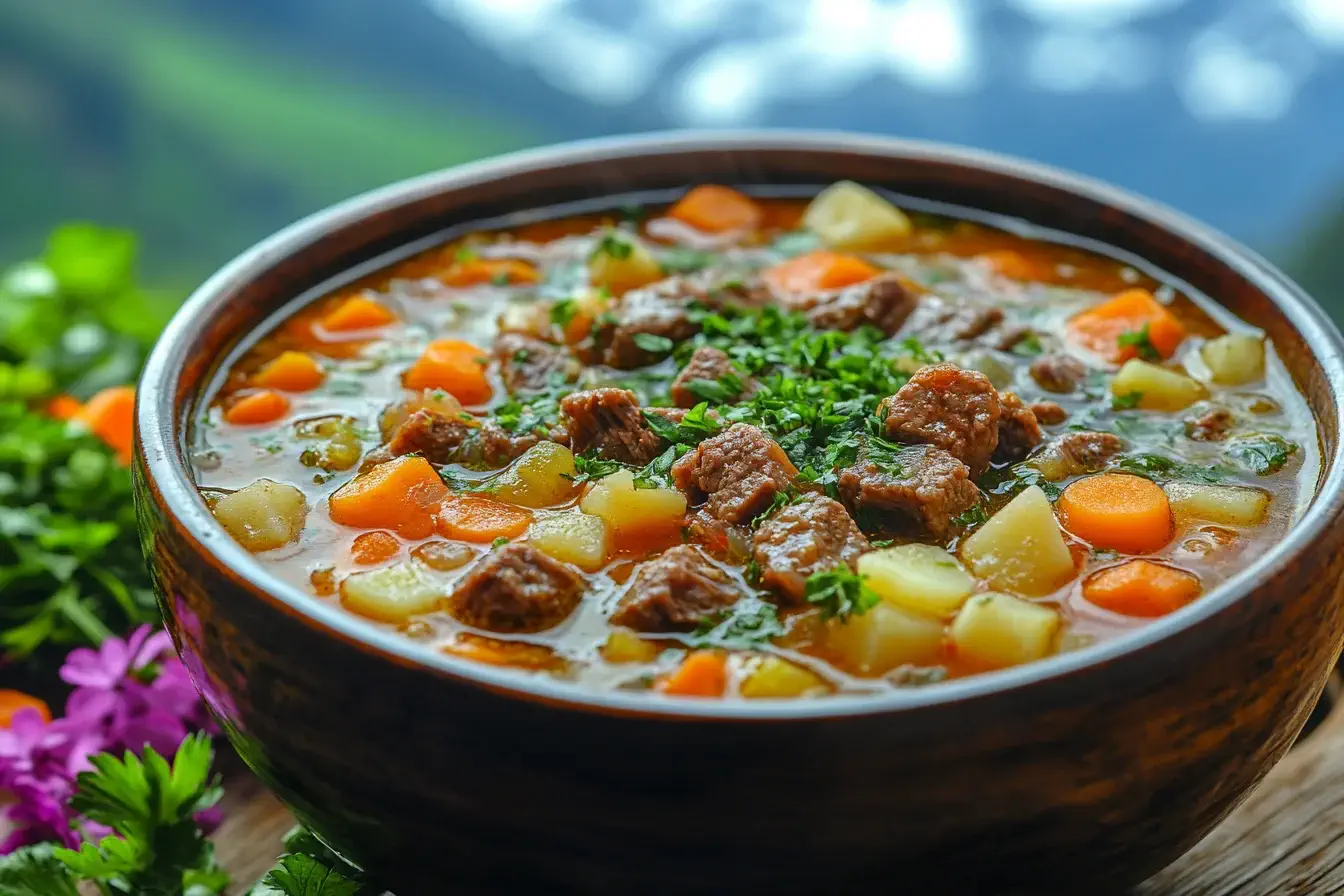 A pot of beef soup with vegetables on a rustic wooden table
