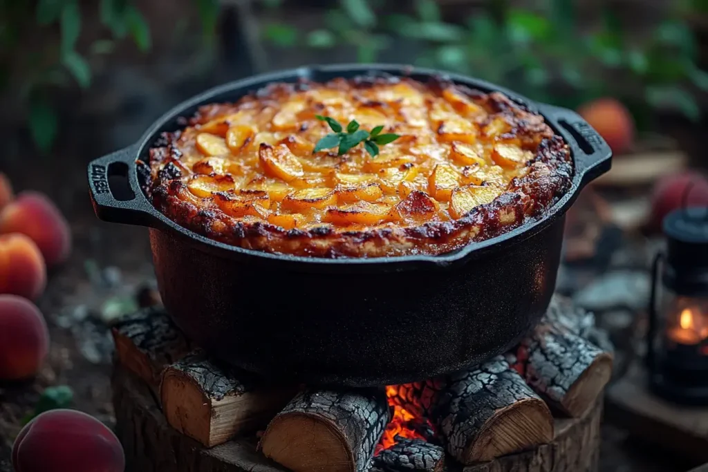 Dutch oven with peach cobbler over charcoal briquettes outdoors