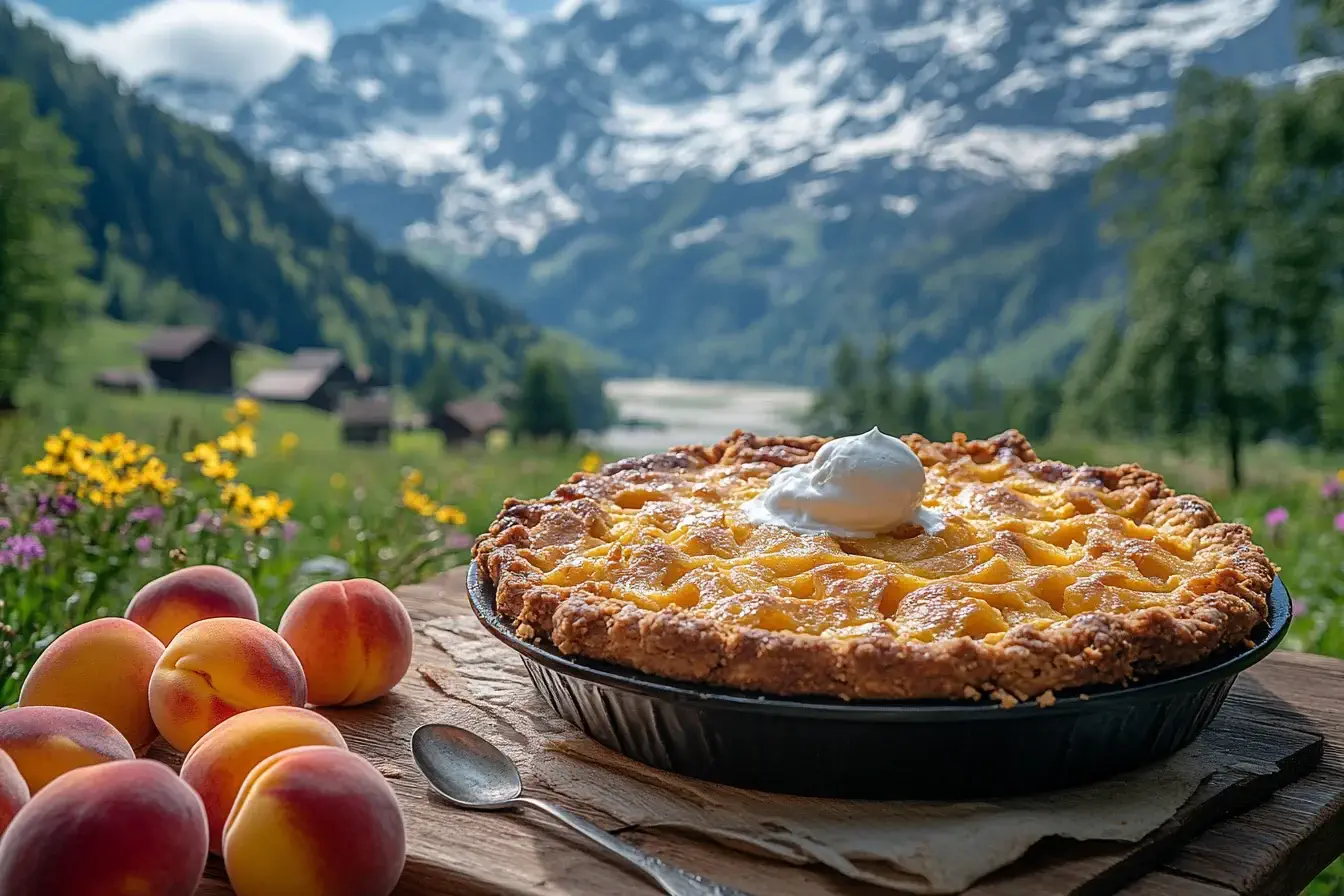 Dutch oven peach cobbler on a picnic table with ice cream and peaches