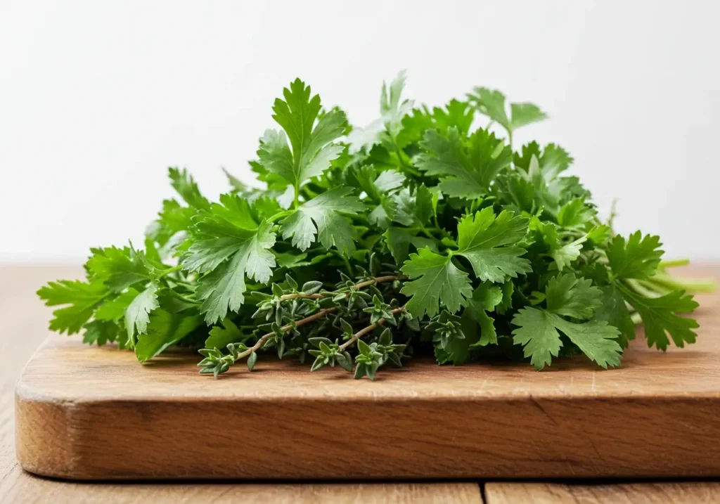 What Gives Vegetable Soup That Depth of Flavor? Expert Tips 10 Fresh herbs like parsley, thyme, and cilantro on a cutting board