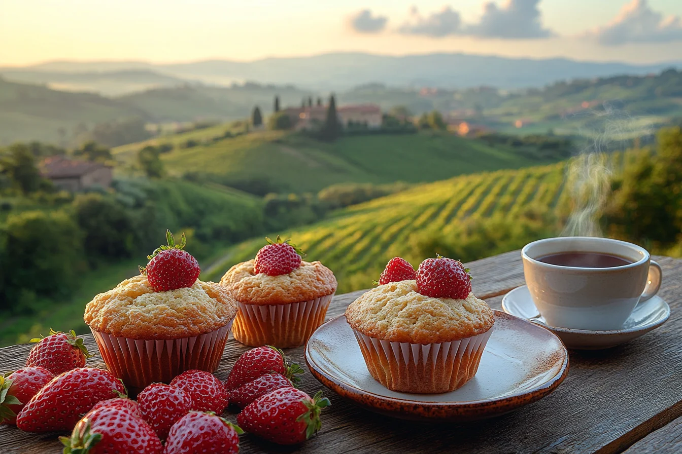 Strawberry Muffin Recipe: The Perfect Blend of Flavor and Comfort 6 Freshly baked strawberry muffins on a rustic table with strawberries and coffee