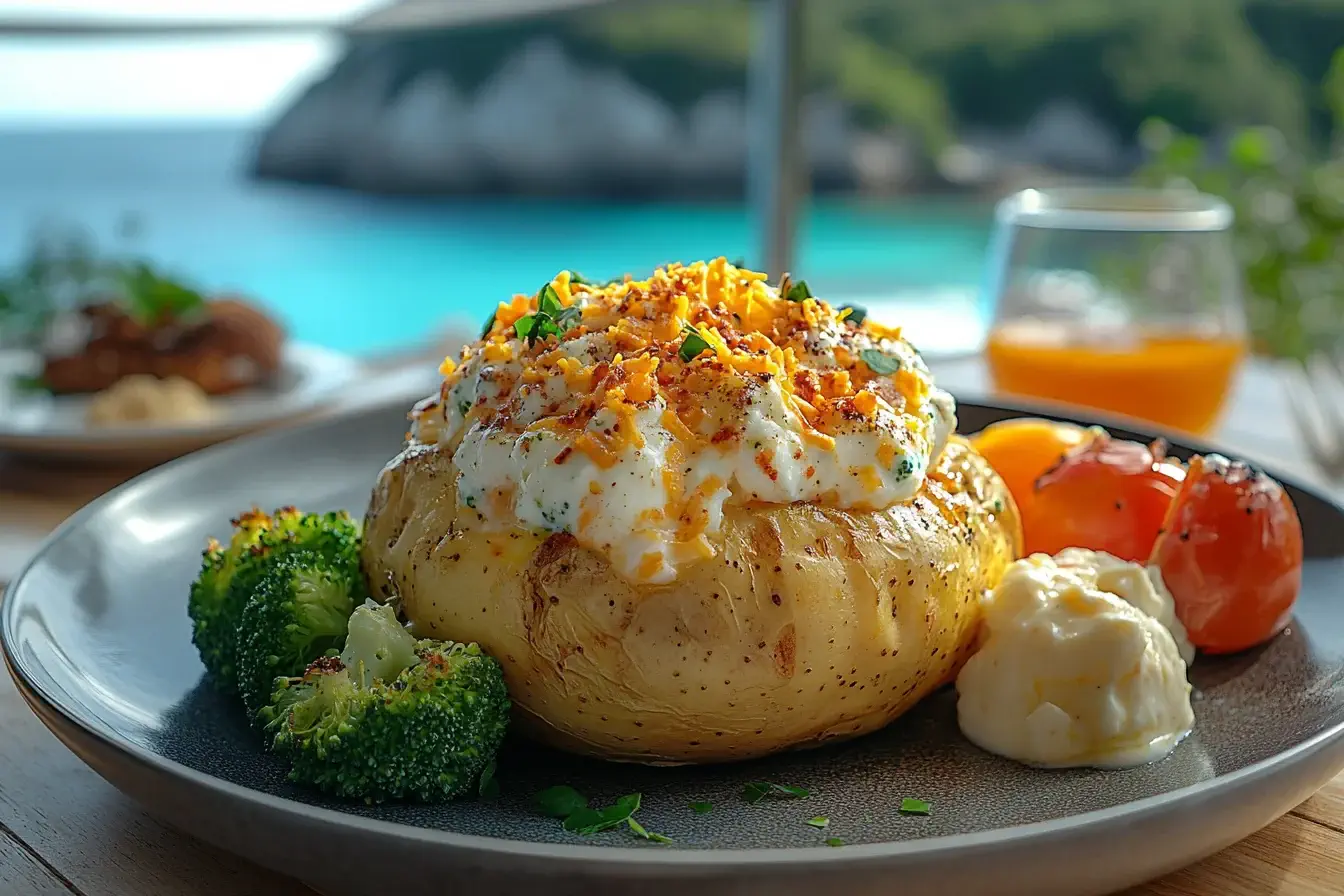 Loaded baked potato with healthy toppings on a rustic table
