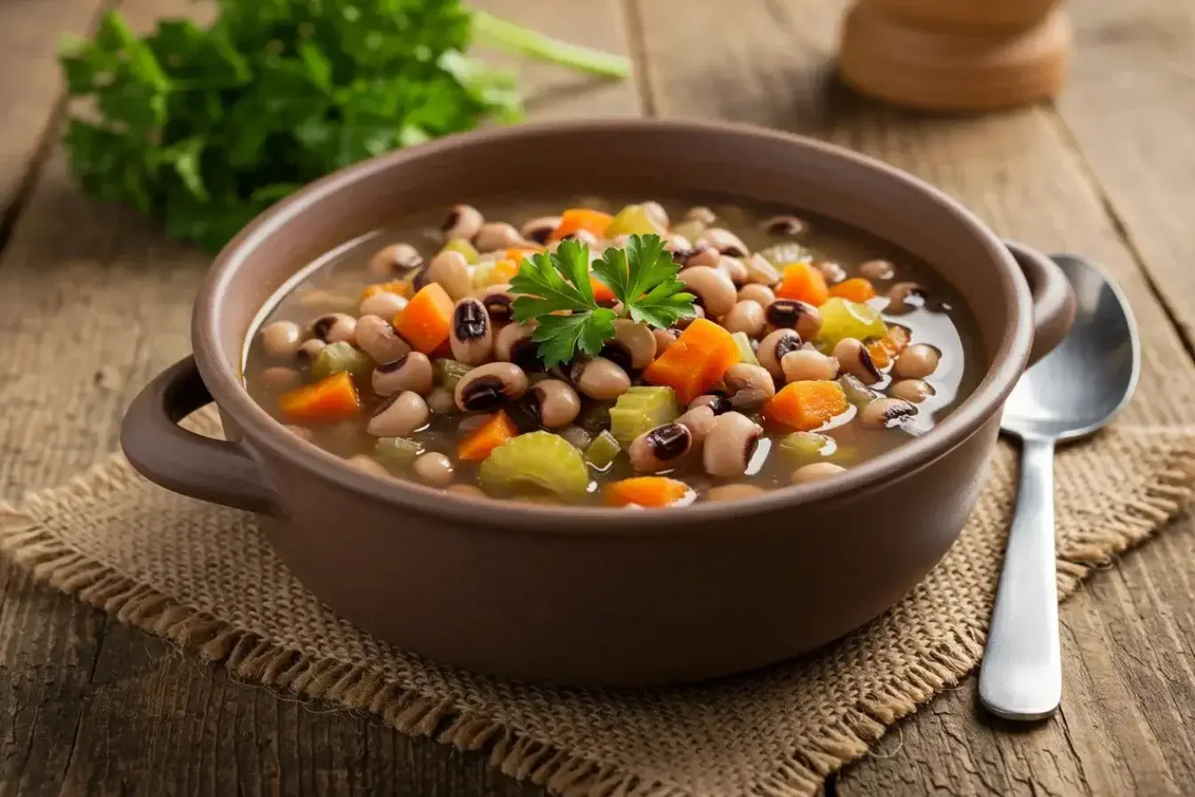 Black-Eyed Pea Soup Like Never Before: Packed with Flavor and Comfort 6 A steaming bowl of black-eyed pea soup with fresh vegetables and parsley