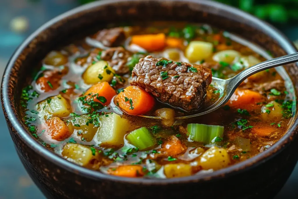 The Ultimate Guide to Old-Fashioned Vegetable Beef Soup Recipe 10 Spoon scooping vegetable beef soup with tender beef and vegetables