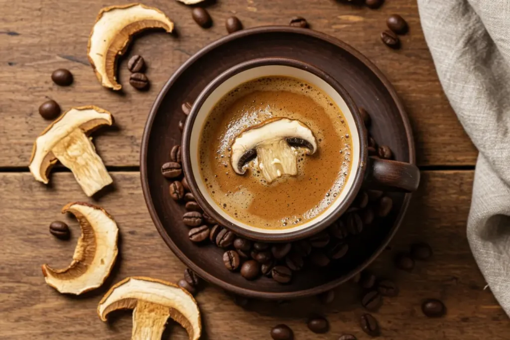 A steaming cup of mushroom coffee surrounded by dried mushrooms and coffee beans