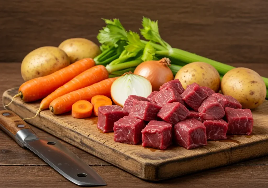 The Ultimate Guide to Old-Fashioned Vegetable Beef Soup Recipe 7 Fresh vegetables and raw beef cubes on a cutting board