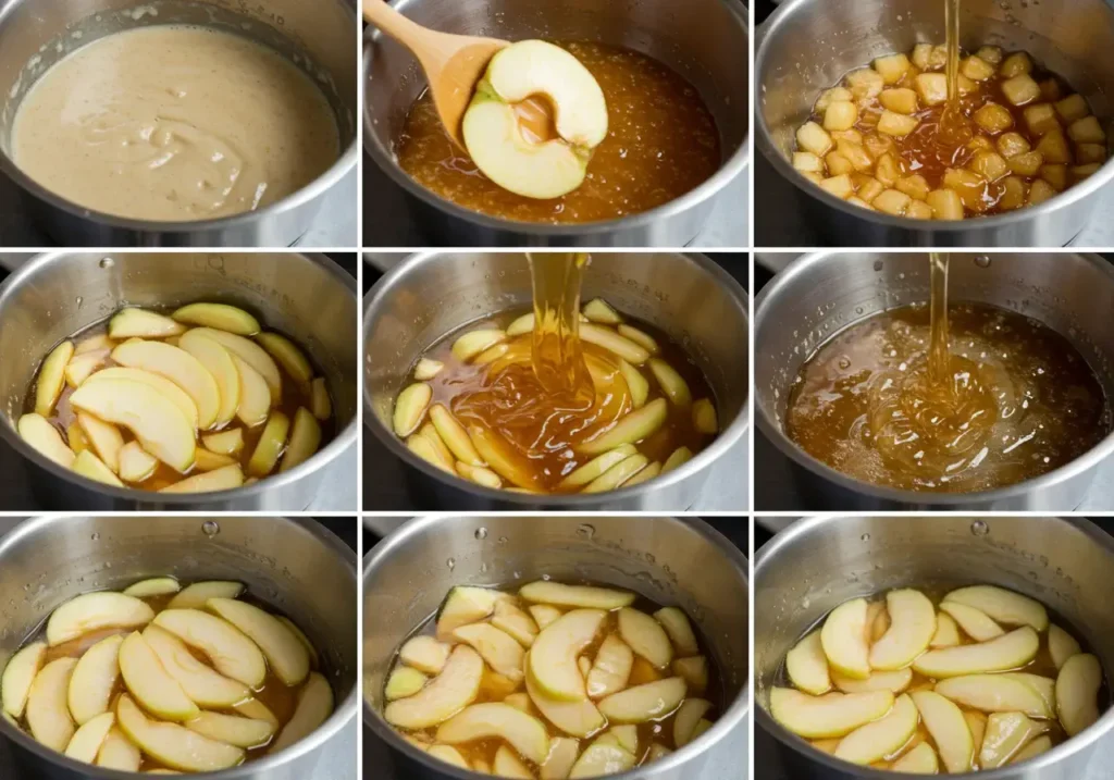 What Can I Use to Thicken Apple Pie Filling for Canning? 9 Apple slices folded into thickened syrup in a pot.