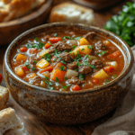 The Ultimate Guide to Old-Fashioned Vegetable Beef Soup Recipe 8 A hearty bowl of old-fashioned vegetable beef soup, filled with tender beef, carrots, potatoes, celery, and green beans, garnished with parsley.