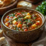 The Ultimate Guide to Old-Fashioned Vegetable Beef Soup Recipe 8 A hearty bowl of old-fashioned vegetable beef soup, filled with tender beef, carrots, potatoes, celery, and green beans, garnished with parsley.