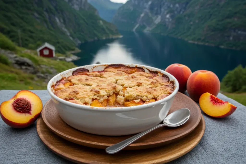 Golden peach cobbler with crispy crust in a ceramic dish