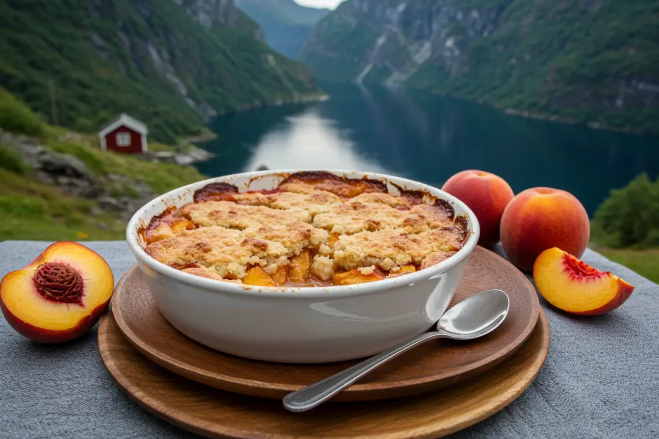 Golden peach cobbler with crispy crust in a ceramic dish