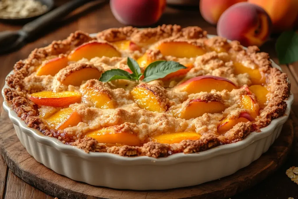 Peach cobbler and crumble on a wooden table side by side