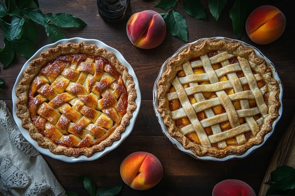 Rustic peach cobbler and peach pie side by side on a wooden table