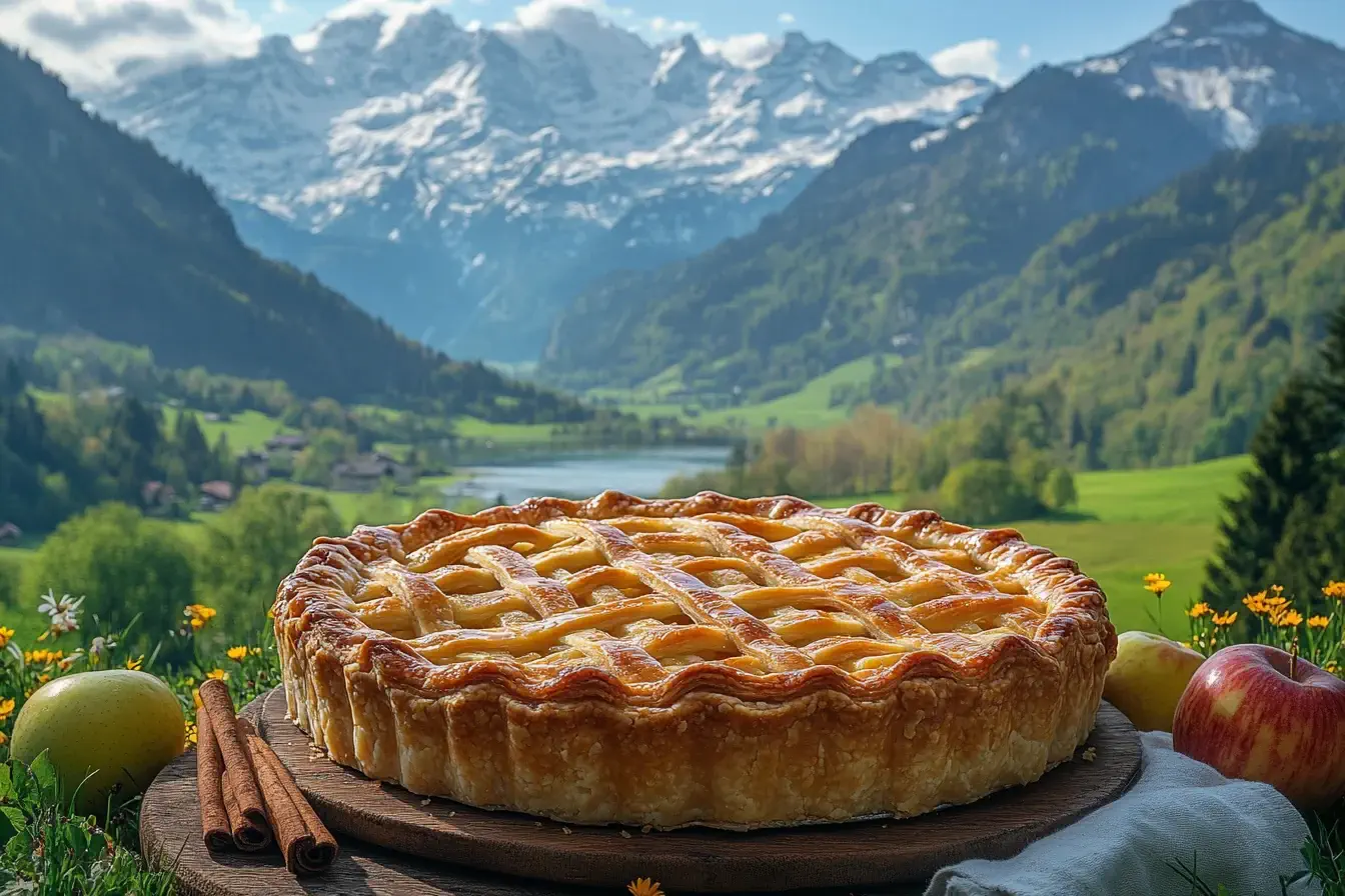 Golden apple pie with lattice crust and fresh apples on a wooden table