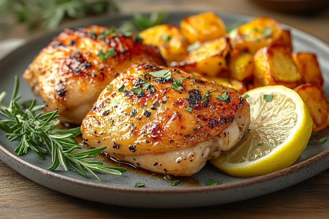 Juicy roasted chicken thighs with fresh herbs and lemon slices