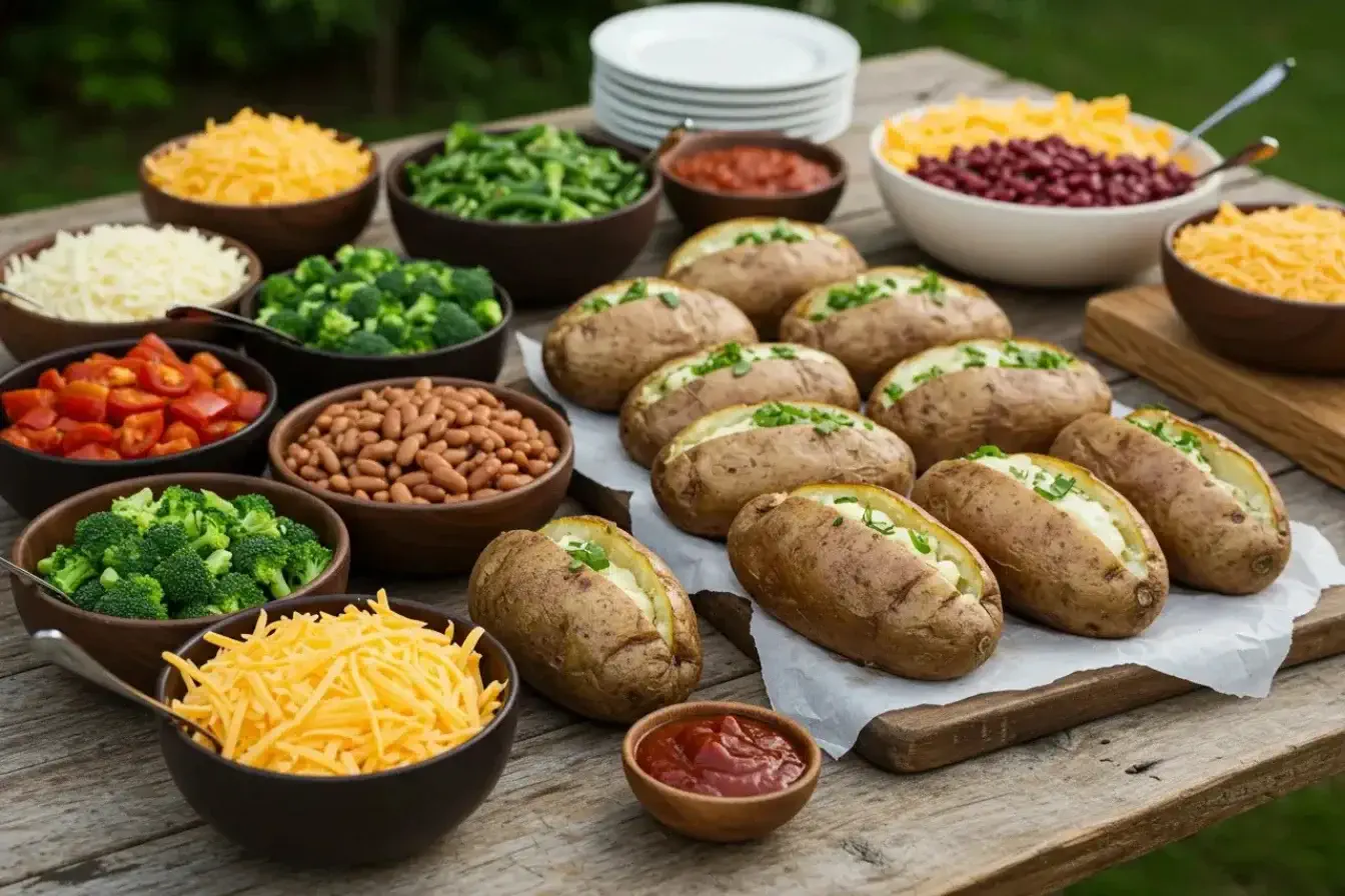 Baked Potato Bar Toppings: Creative and Delicious Ideas 6 Beautifully arranged baked potato bar with colorful toppings