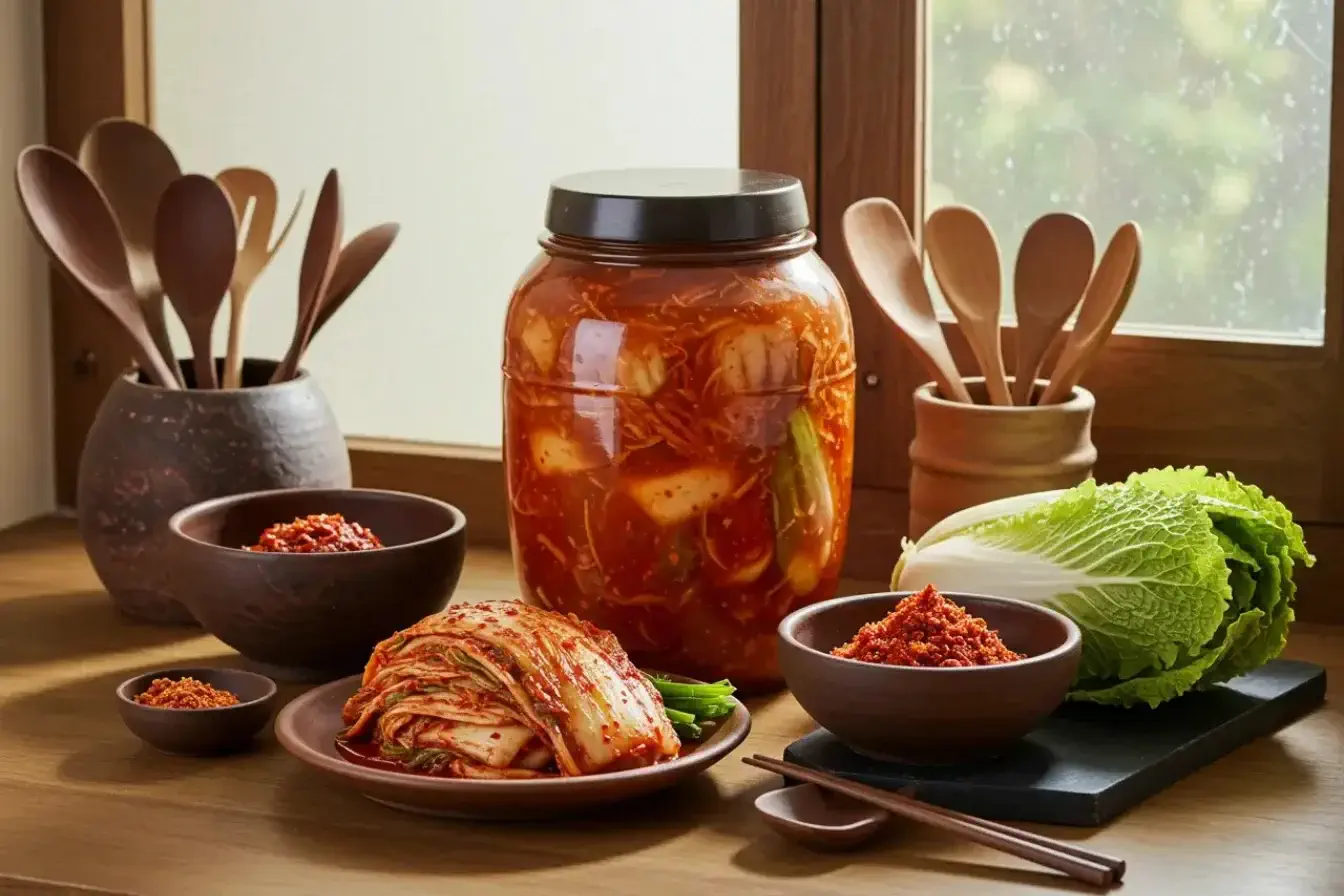 Freshly made Korean kimchi in a traditional kitchen