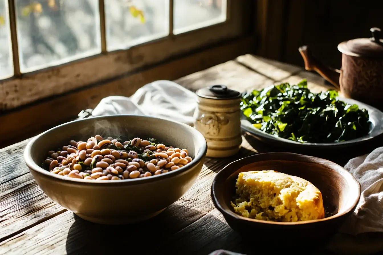 Southern meal with black-eyed peas, greens, and cornbread