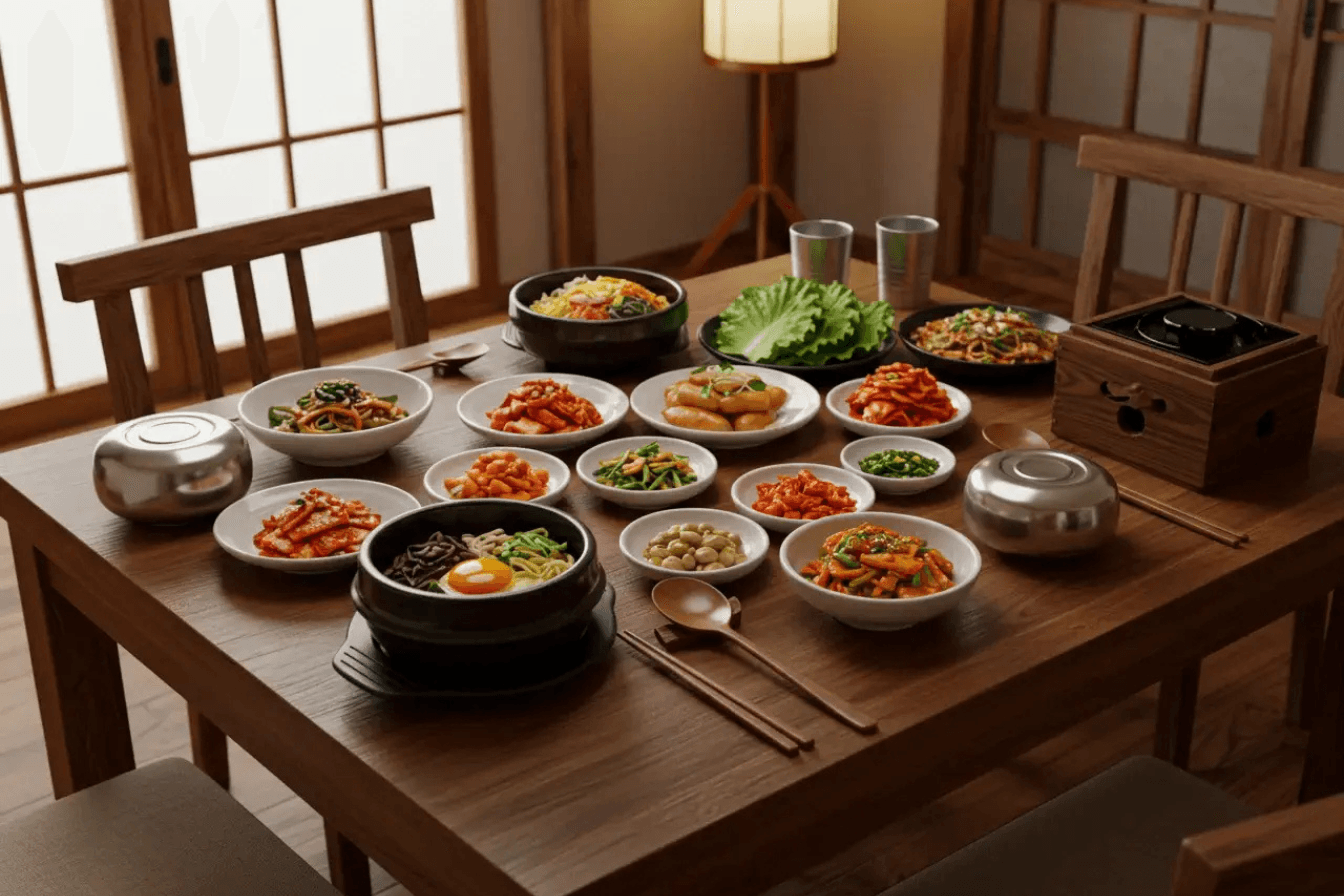 Traditional Korean dining table with popular dishes