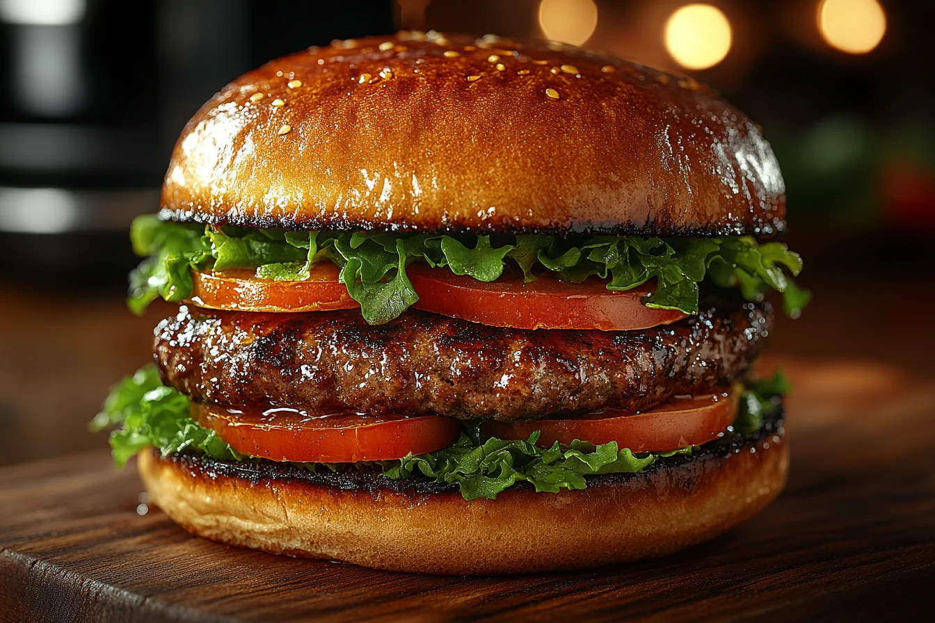 Juicy air fryer burger with crispy patty and fresh toppings