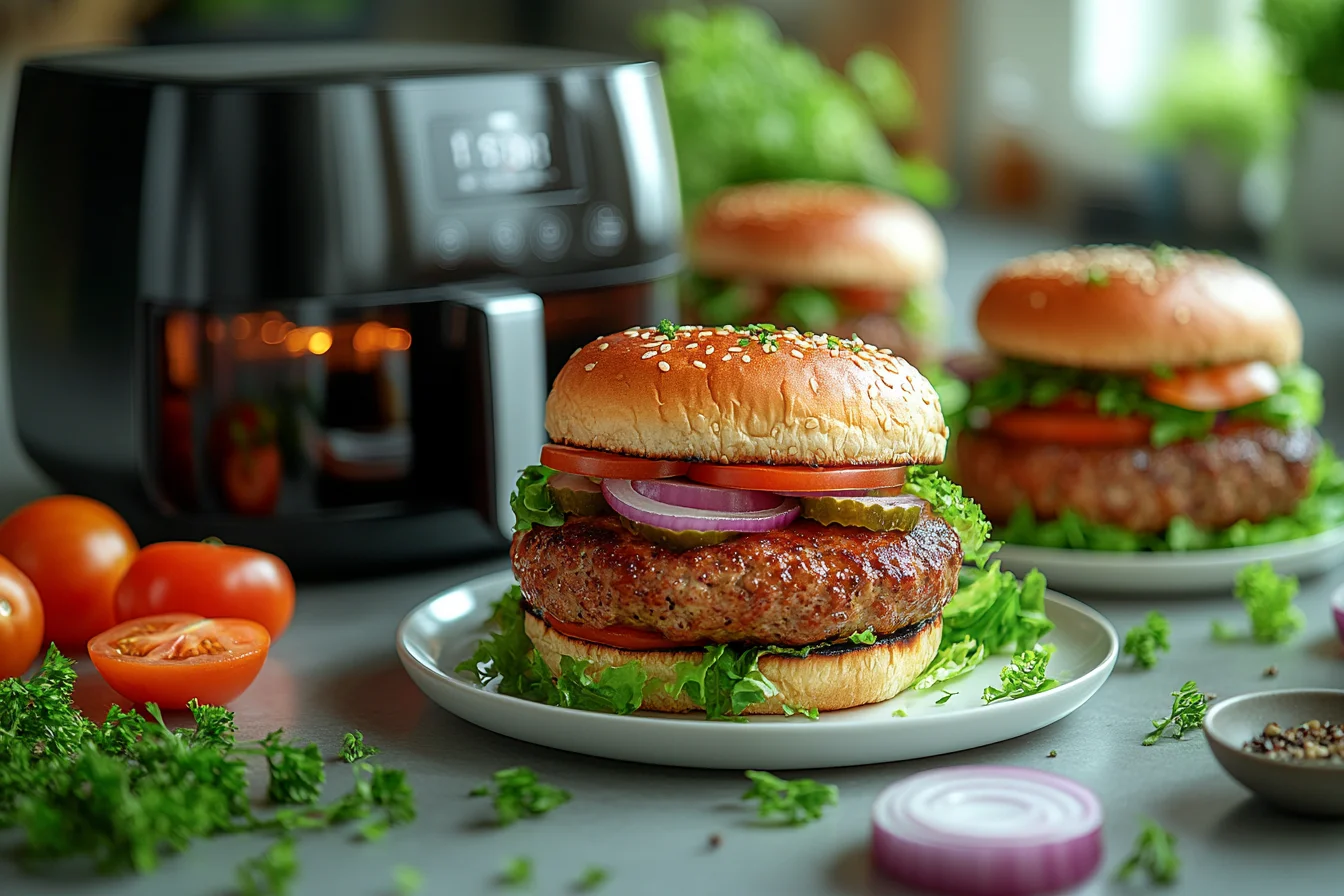Perfectly cooked turkey burgers from an air fryer with toppings