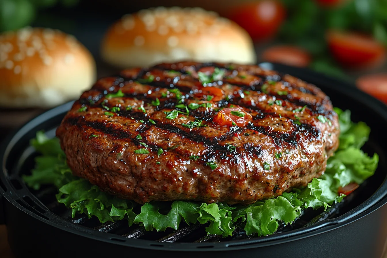 Turkey burger in air fryer with fresh toppings and buns