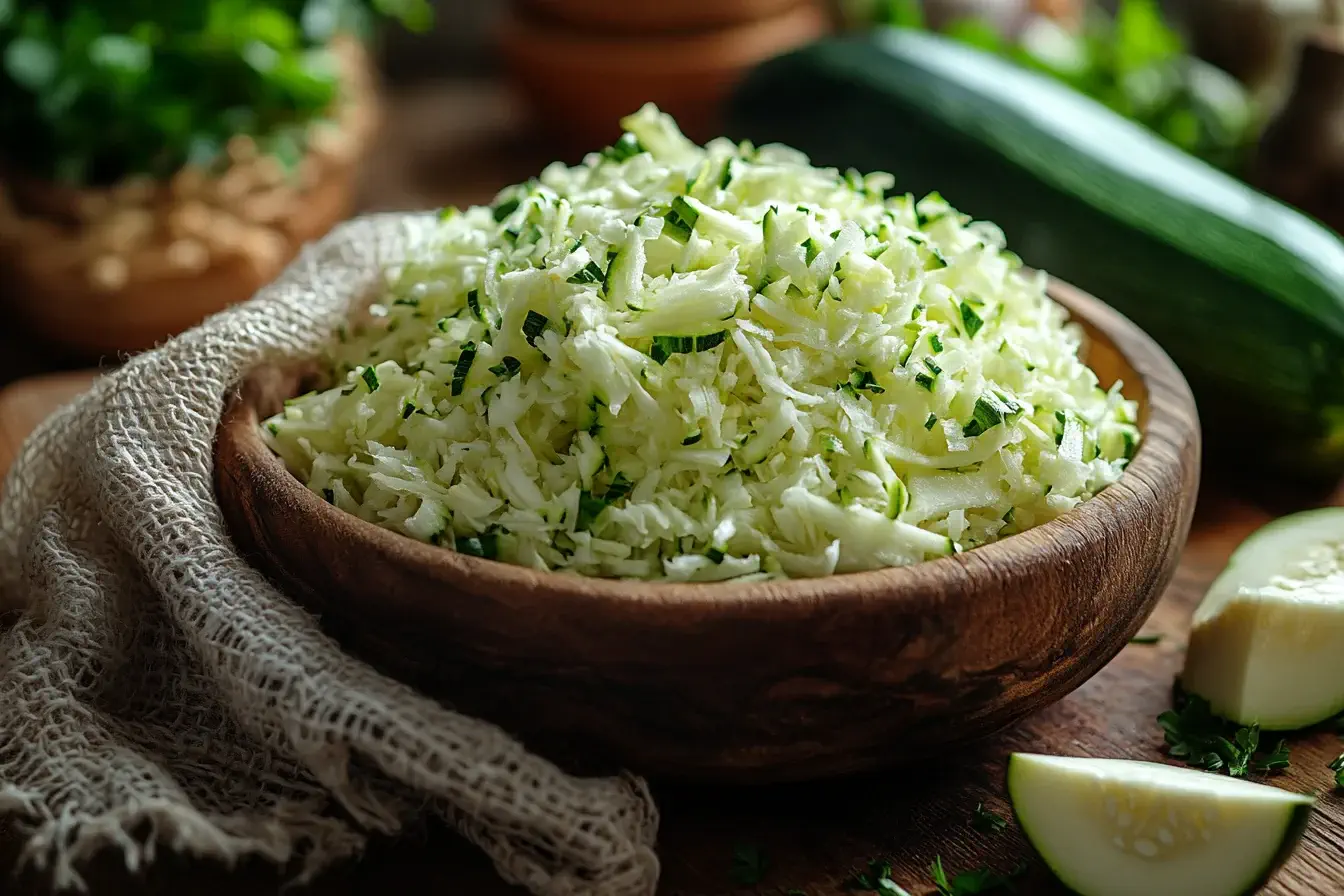 Should you drain zucchini before baking? Freshly shredded zucchini on a wooden cutting board with a cheesecloth for draining