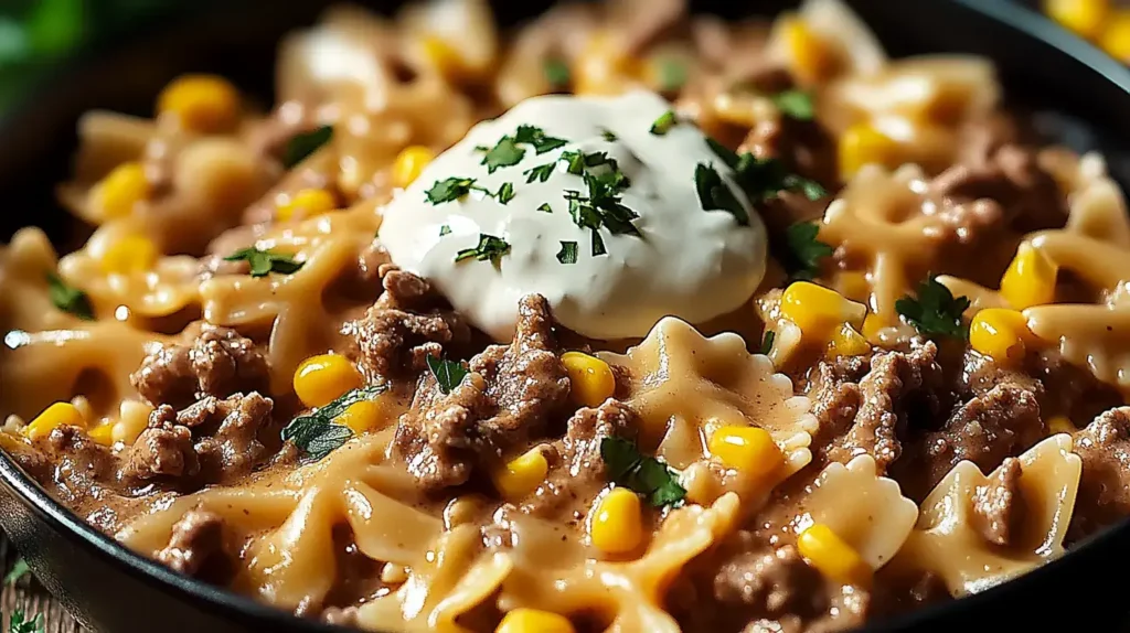Creamy Ranch Beef Bowtie Skillet with Sweet Corn served in a rustic pan