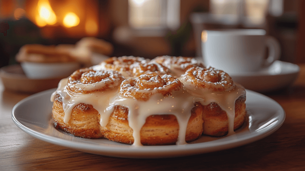 Homemade Copycat Pillsbury Cinnamon Roll Icing on warm cinnamon rolls