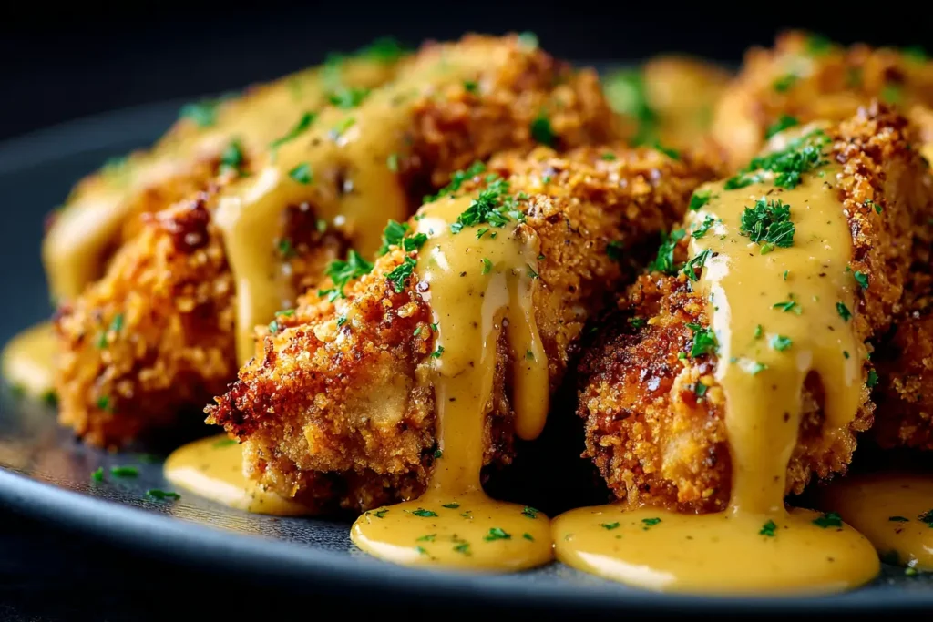 Pretzel Chicken with Mustard-Cheddar Sauce Fatured