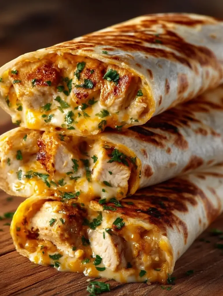 Cheesy Garlic Chicken Wraps 4 grilled cheesy garlic chicken wraps stacked
