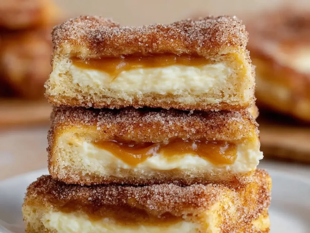 stacked churro chee Churro Cheesecake Bars with Cinnamon Sugar