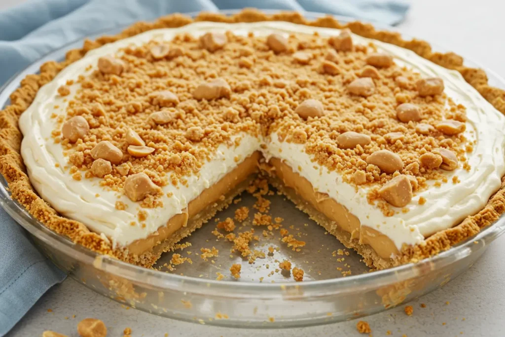 A close-up slice of Amish Peanut Butter Cream Pie shows creamy Peanut Butter Pie layers with fluffy Peanut Butter Cream Pie filling on a Graham Cracker Crust, topped with crumbs and peanuts like Amish Peanut Butter Pie.