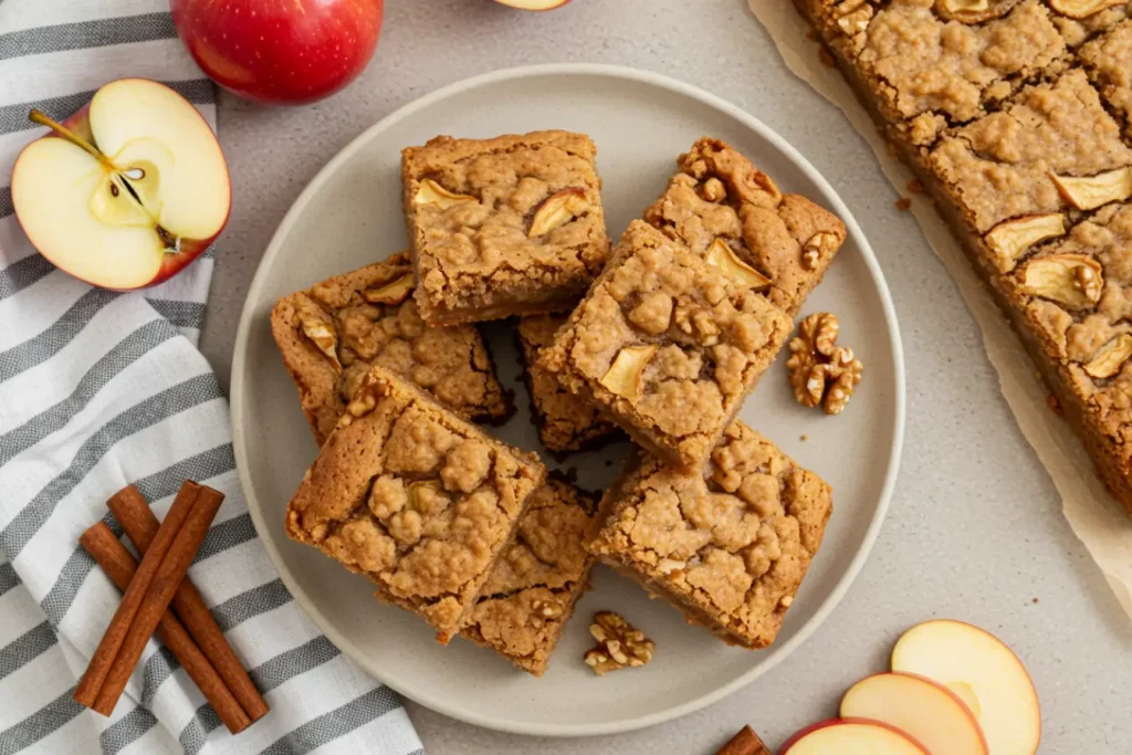 A round plate holds chewy Apple Brownies, an easy fall dessert with walnut tops and cinnamon sticks nearby, showcasing Fresh Apples for a classic Fall Desserts Easy bake.