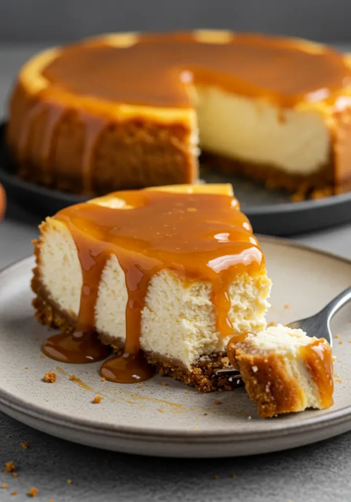 Apple Cider Cheesecake 4 A close-up of a Creamy Cheesecake with a glossy Apple Cider glaze cascading down the sides, revealing a crunchy Graham Cracker Crust and crumbs for a fall-ready Apple Cider Cheesecake.