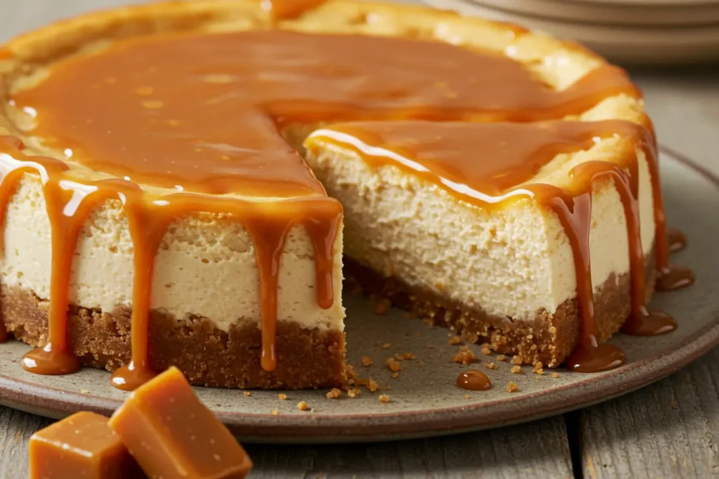 A round Apple Cider Cheesecake sits on a plate with a thick Apple Cider sauce dripping over a Graham Cracker Crust and Graham Cracker Crumbs, a Creamy Cheesecake that showcases cozy Cider flavors.