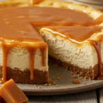 A round Apple Cider Cheesecake sits on a plate with a thick Apple Cider sauce dripping over a Graham Cracker Crust and Graham Cracker Crumbs, a Creamy Cheesecake that showcases cozy Cider flavors.